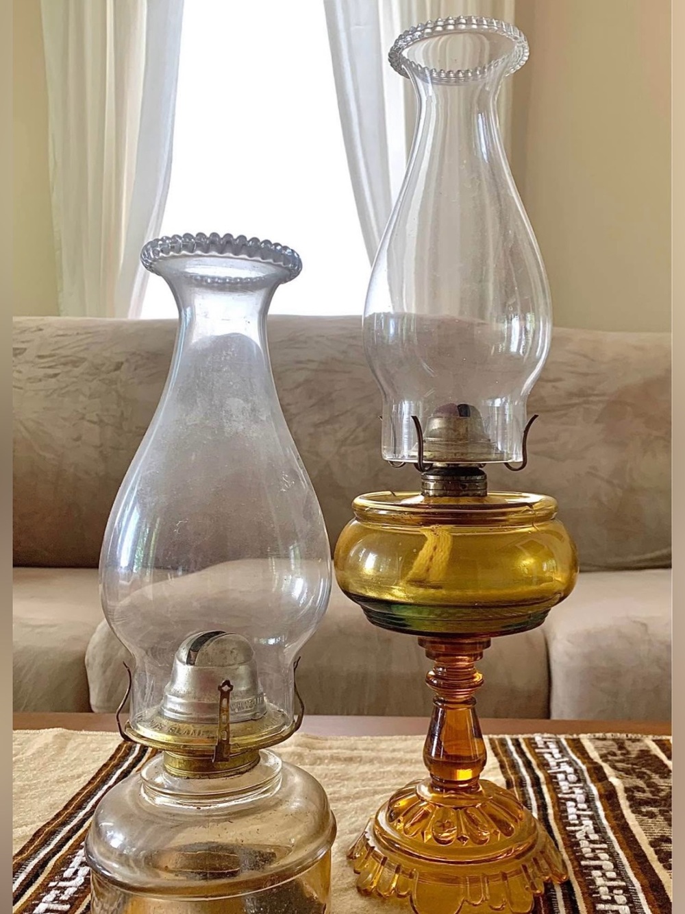 2 Vtg AMBER Glass Kerosene OIL LAMP Ribbed Base with P&A EAGLE
Burner & Chimney